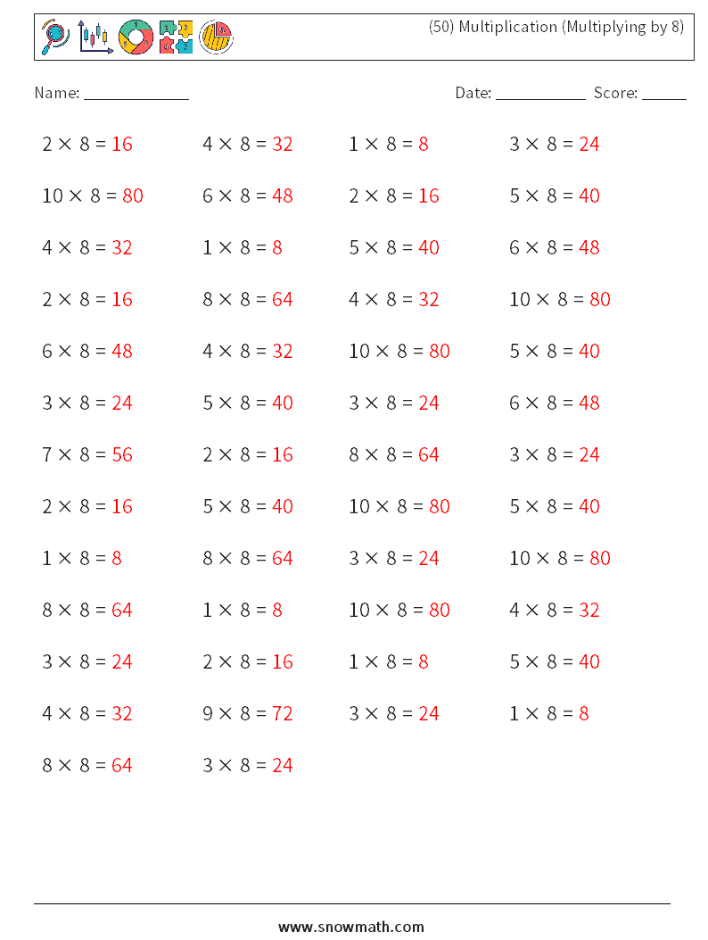 (50) Multiplication (Multiplying by 8) Math Worksheets 4 Question, Answer