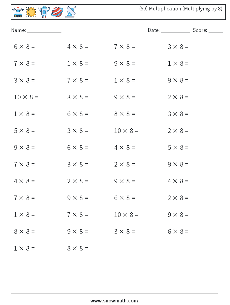 (50) Multiplication (Multiplying by 8) Math Worksheets 5
