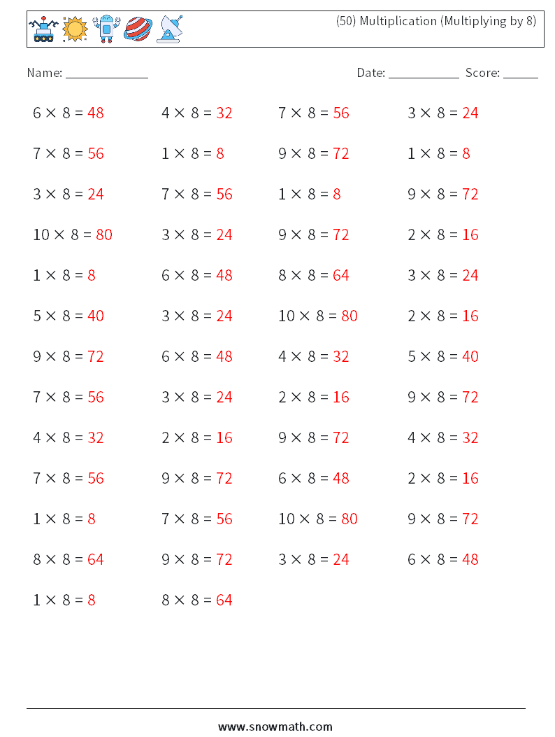 (50) Multiplication (Multiplying by 8) Math Worksheets 5 Question, Answer