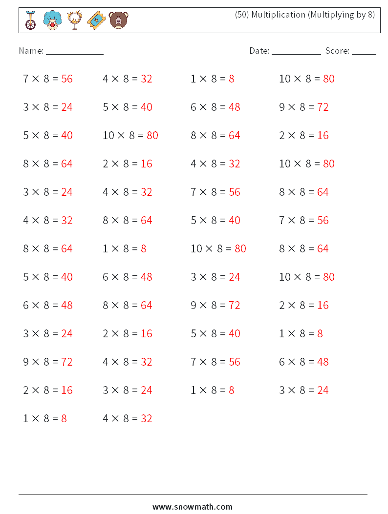 (50) Multiplication (Multiplying by 8) Math Worksheets 6 Question, Answer