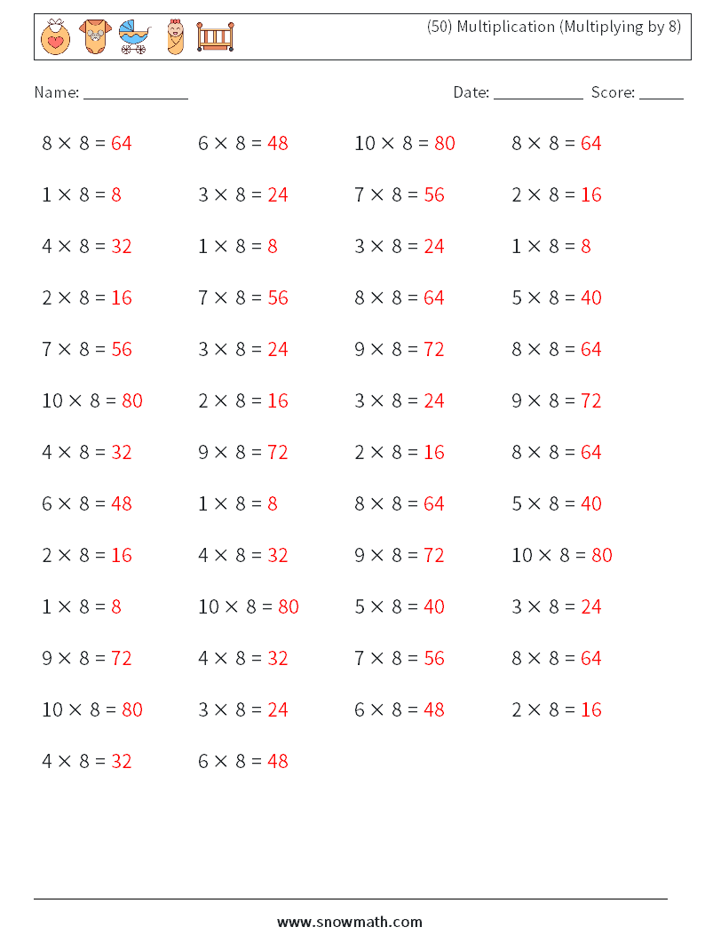 (50) Multiplication (Multiplying by 8) Math Worksheets 7 Question, Answer