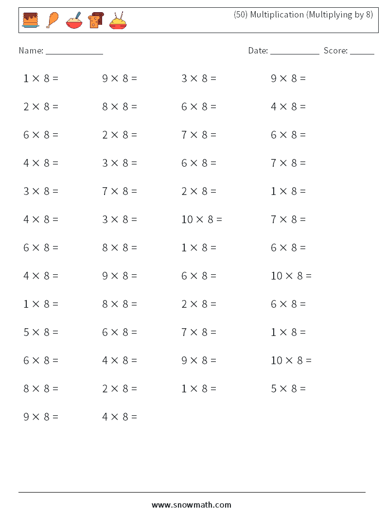 (50) Multiplication (Multiplying by 8) Math Worksheets 8