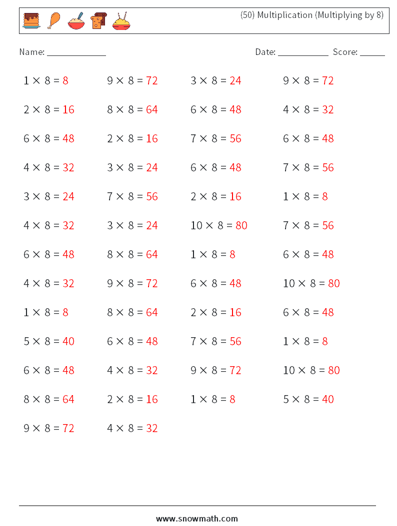 (50) Multiplication (Multiplying by 8) Math Worksheets 8 Question, Answer