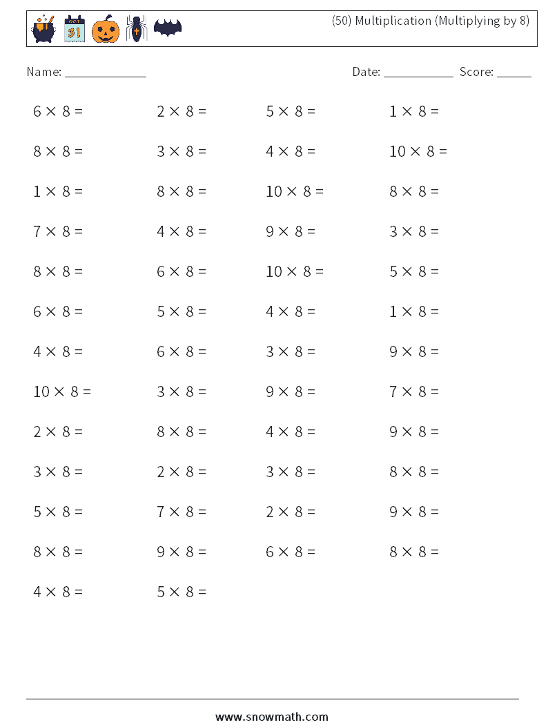 (50) Multiplication (Multiplying by 8) Math Worksheets 9