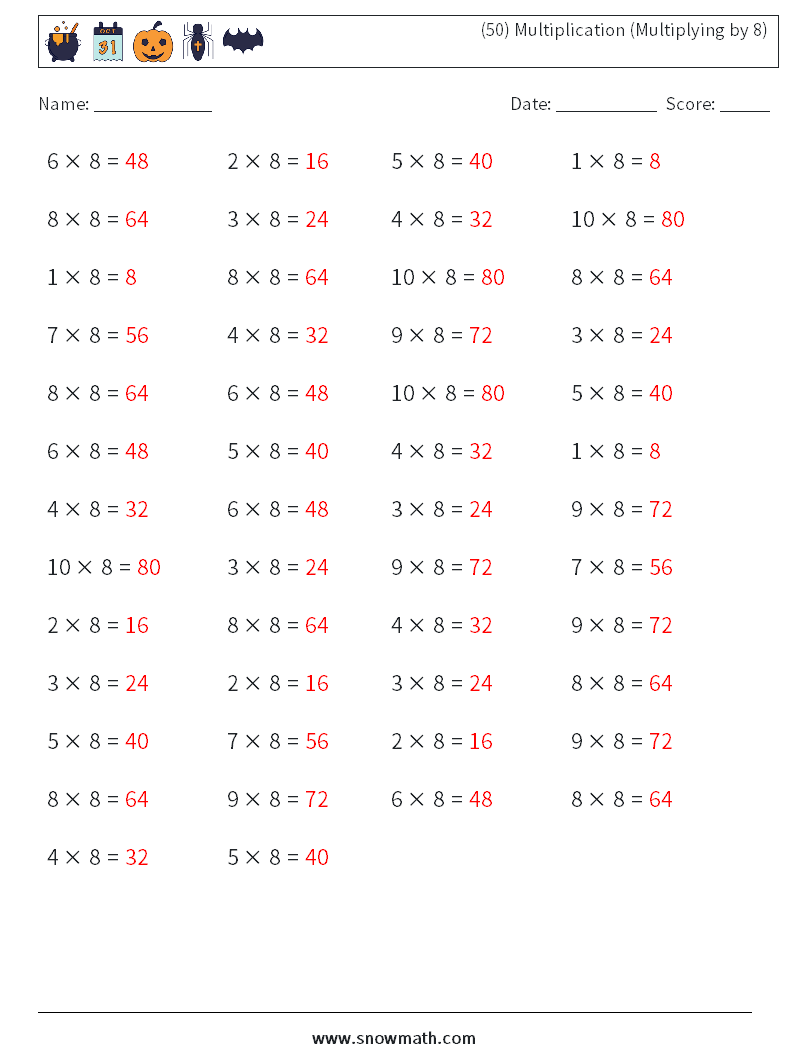 (50) Multiplication (Multiplying by 8) Math Worksheets 9 Question, Answer