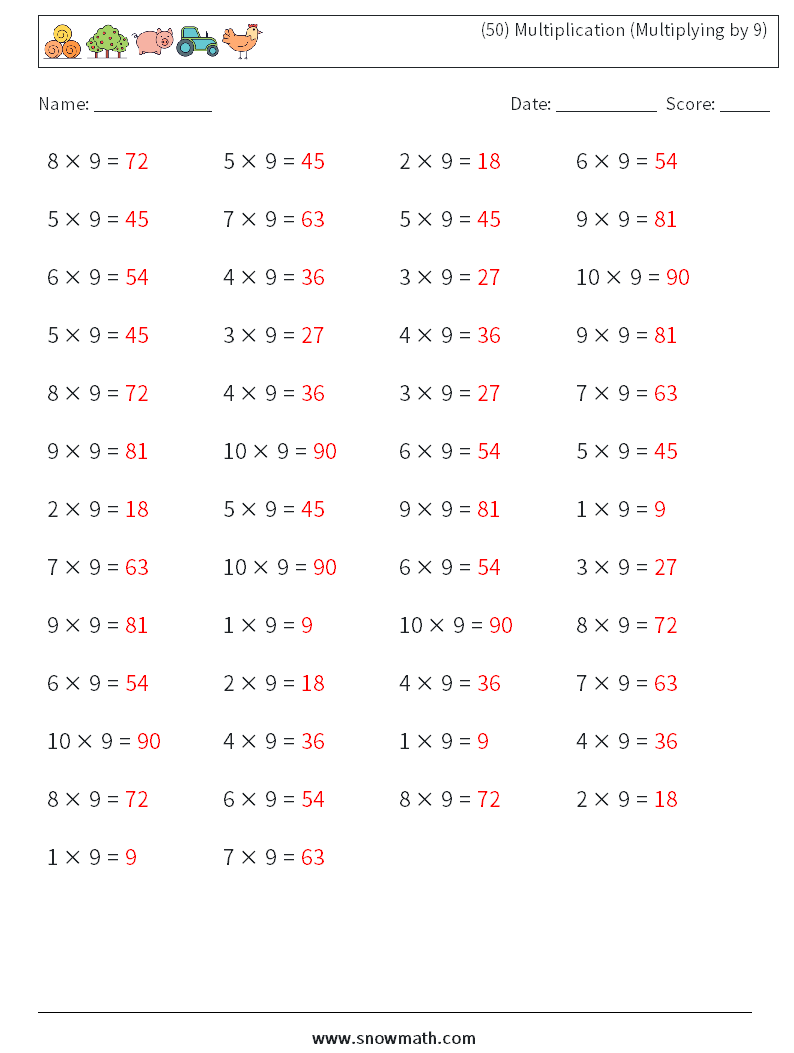 (50) Multiplication (Multiplying by 9) Math Worksheets 1 Question, Answer