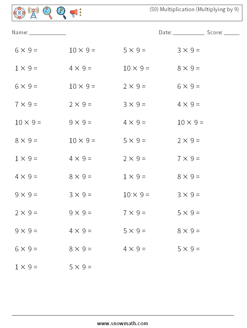 (50) Multiplication (Multiplying by 9) Math Worksheets 2