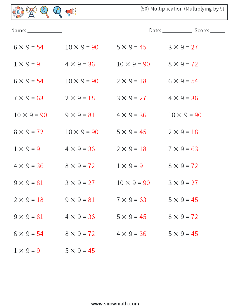 (50) Multiplication (Multiplying by 9) Math Worksheets 2 Question, Answer