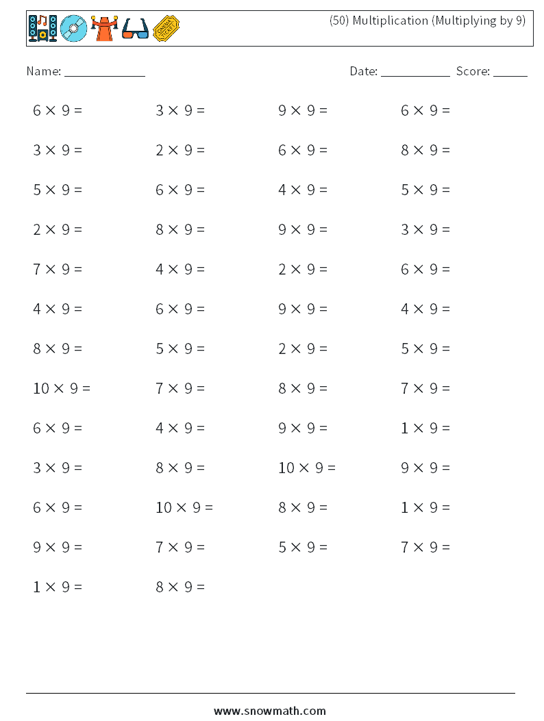 (50) Multiplication (Multiplying by 9) Math Worksheets 3