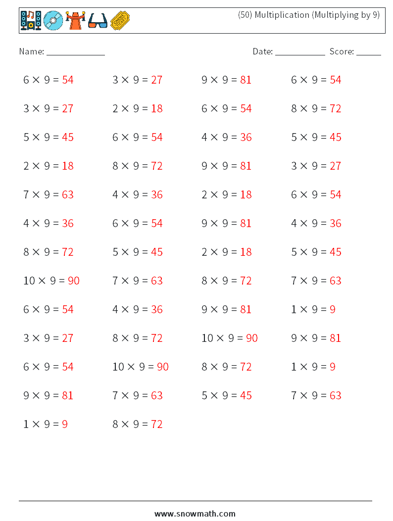 (50) Multiplication (Multiplying by 9) Math Worksheets 3 Question, Answer