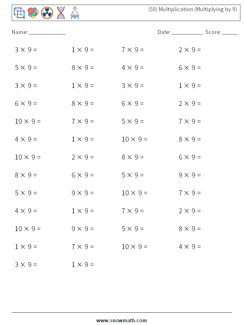 (50) Multiplication (Multiplying by 9) Math Worksheets 4