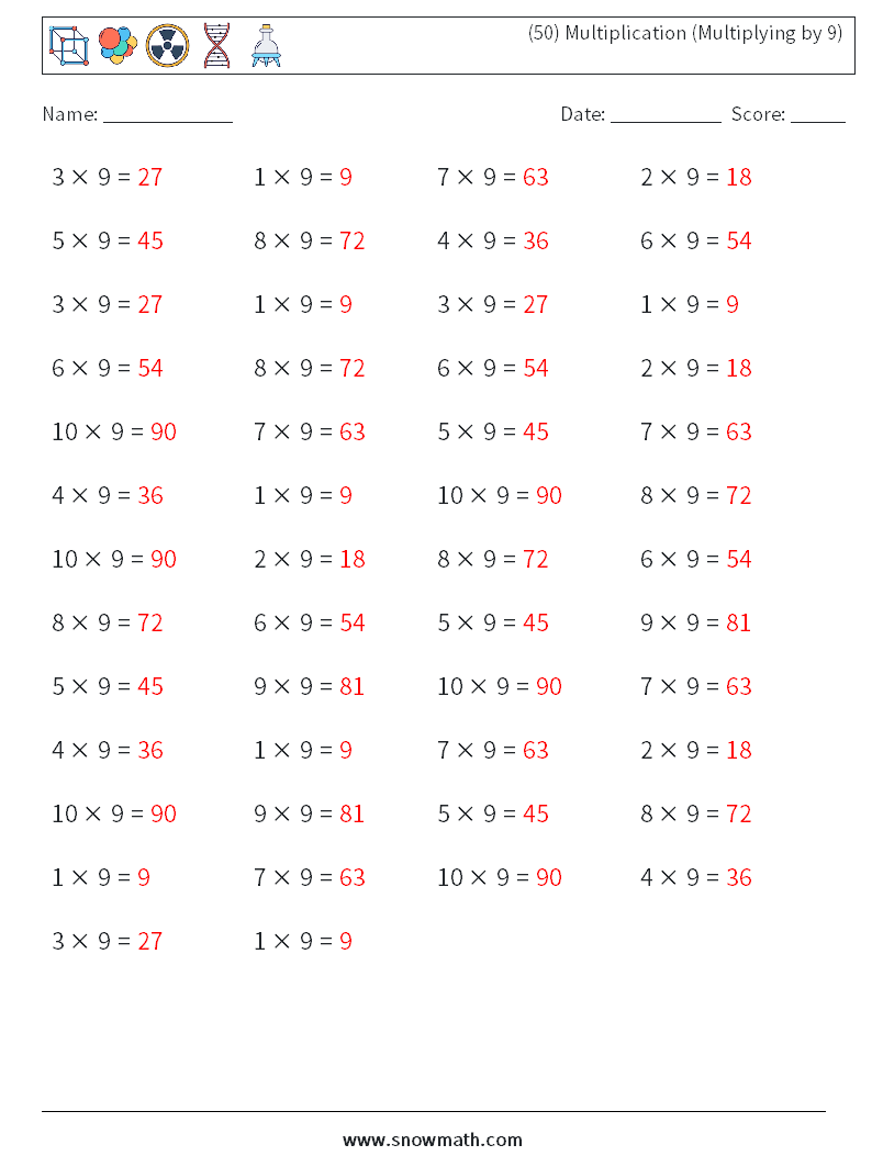 (50) Multiplication (Multiplying by 9) Math Worksheets 4 Question, Answer