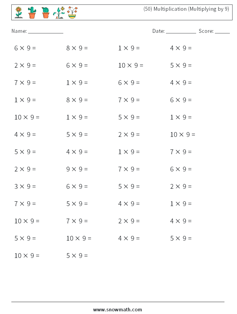 (50) Multiplication (Multiplying by 9) Math Worksheets 5