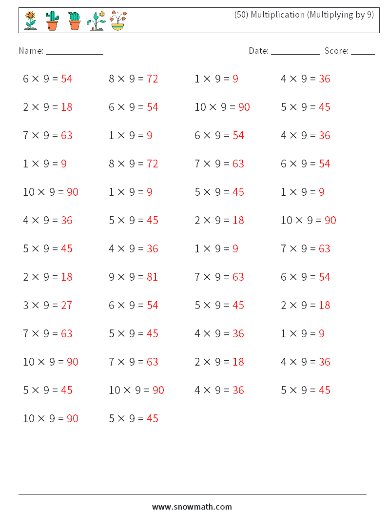 (50) Multiplication (Multiplying by 9) Math Worksheets 5 Question, Answer