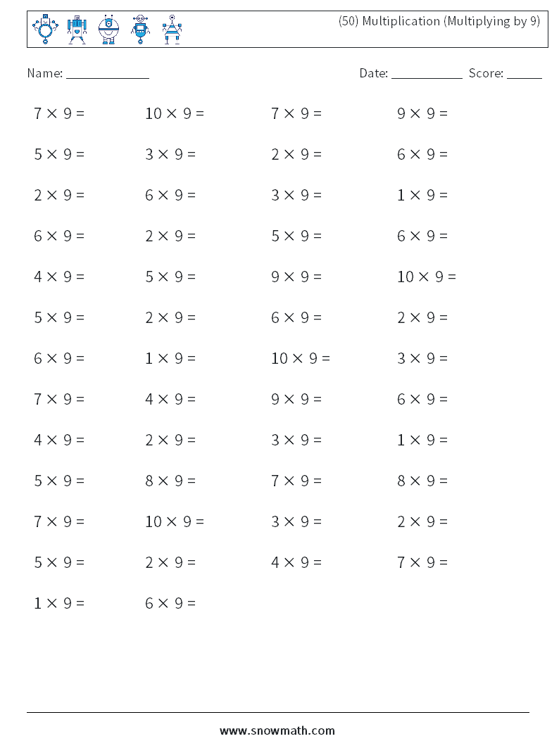 (50) Multiplication (Multiplying by 9) Math Worksheets 6