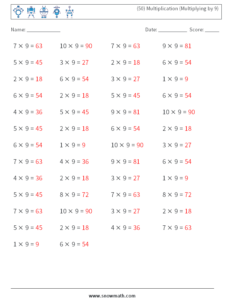 (50) Multiplication (Multiplying by 9) Math Worksheets 6 Question, Answer