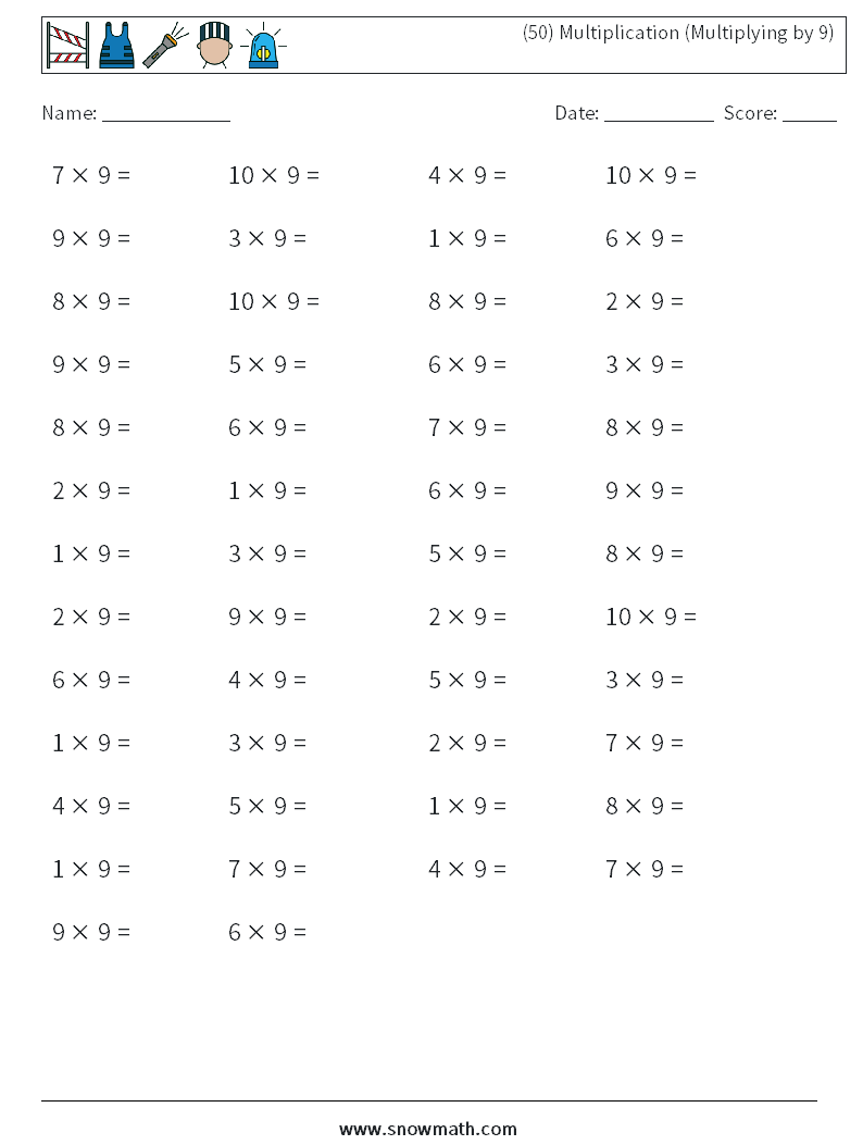 (50) Multiplication (Multiplying by 9) Math Worksheets 7