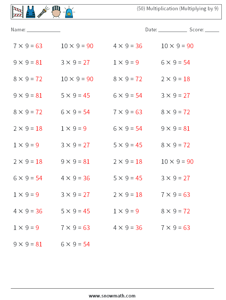 (50) Multiplication (Multiplying by 9) Math Worksheets 7 Question, Answer