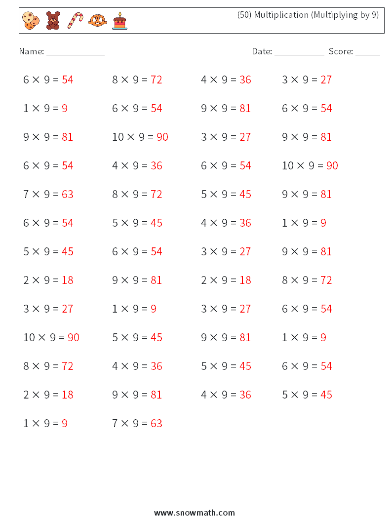 (50) Multiplication (Multiplying by 9) Math Worksheets 8 Question, Answer