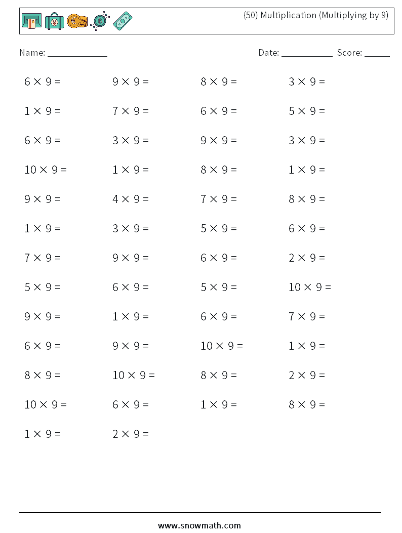 (50) Multiplication (Multiplying by 9) Math Worksheets 9