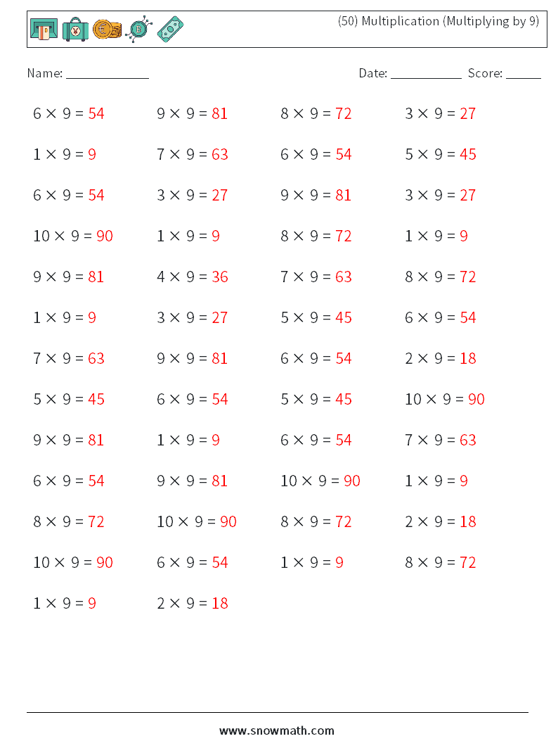 (50) Multiplication (Multiplying by 9) Math Worksheets 9 Question, Answer
