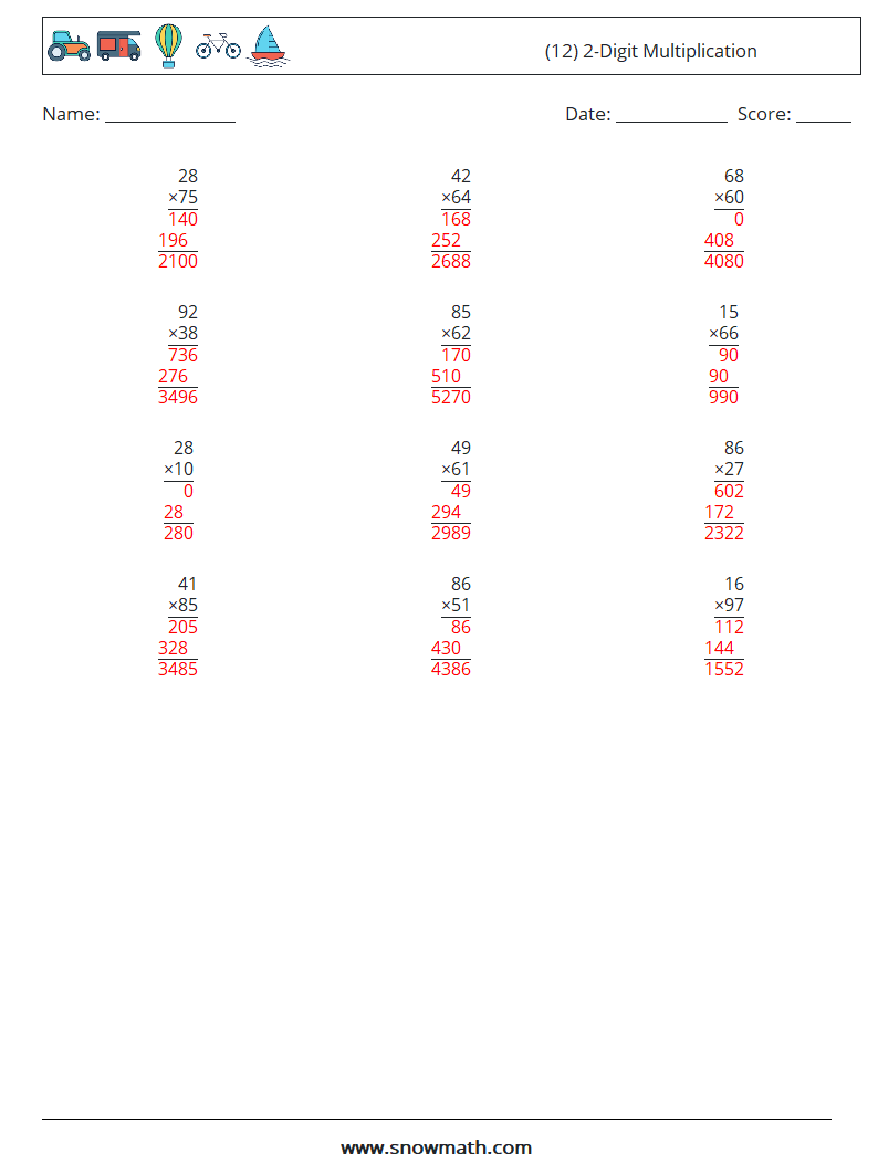 (12) 2-Digit Multiplication Math Worksheets 13 Question, Answer