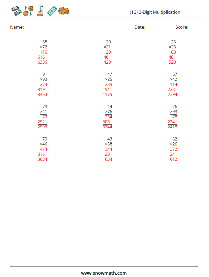 (12) 2-Digit Multiplication Math Worksheets 14 Question, Answer