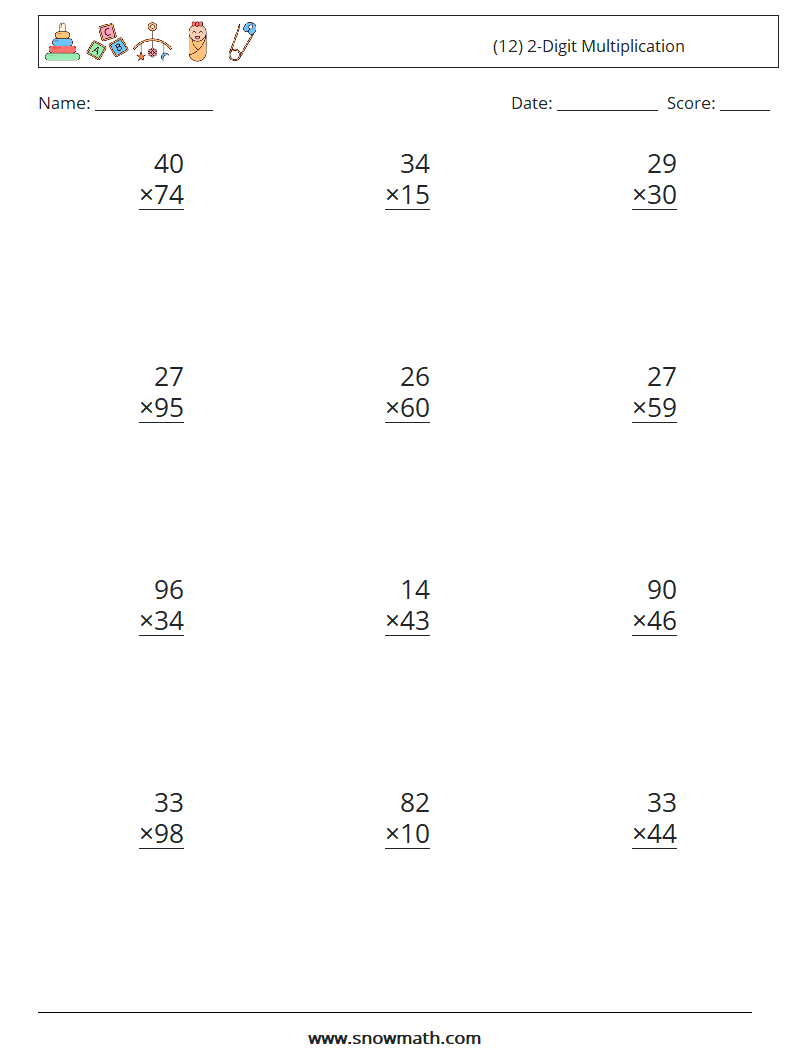(12) 2-Digit Multiplication Math Worksheets 15