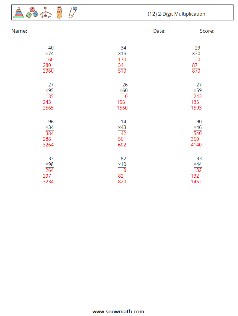 (12) 2-Digit Multiplication Math Worksheets 15 Question, Answer