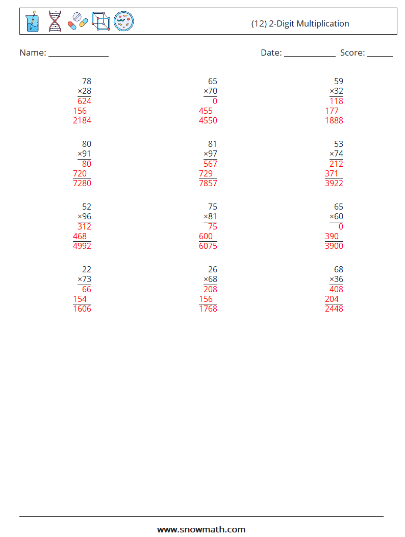 (12) 2-Digit Multiplication Math Worksheets 17 Question, Answer