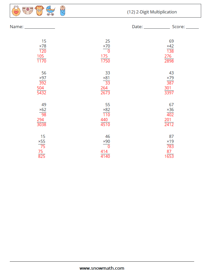 (12) 2-Digit Multiplication Math Worksheets 18 Question, Answer