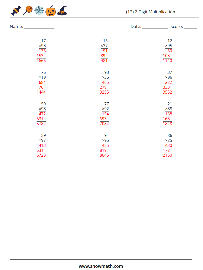 (12) 2-Digit Multiplication Math Worksheets 1 Question, Answer