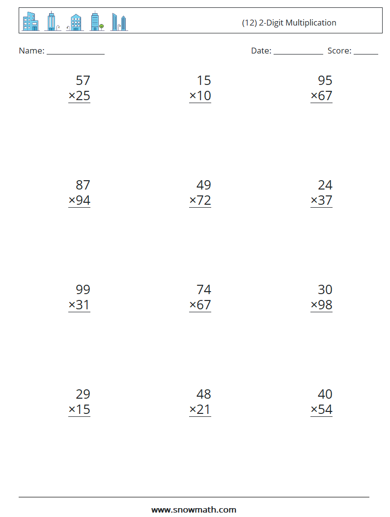 (12) 2-Digit Multiplication Math Worksheets 2