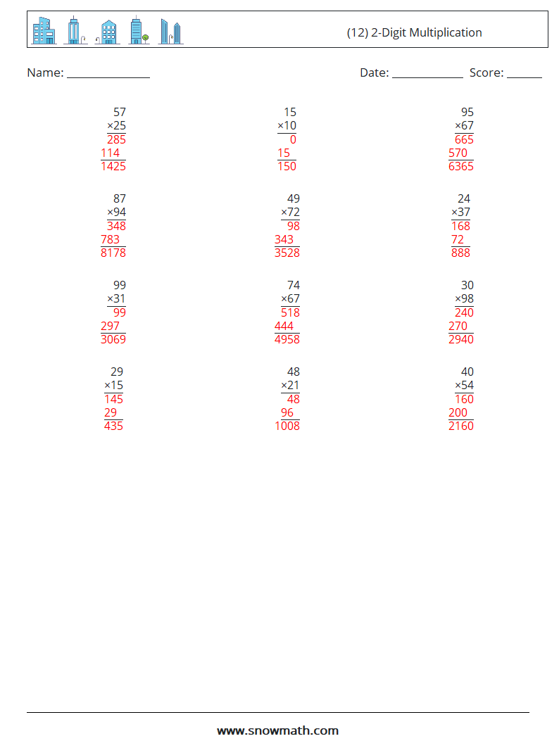 (12) 2-Digit Multiplication Math Worksheets 2 Question, Answer