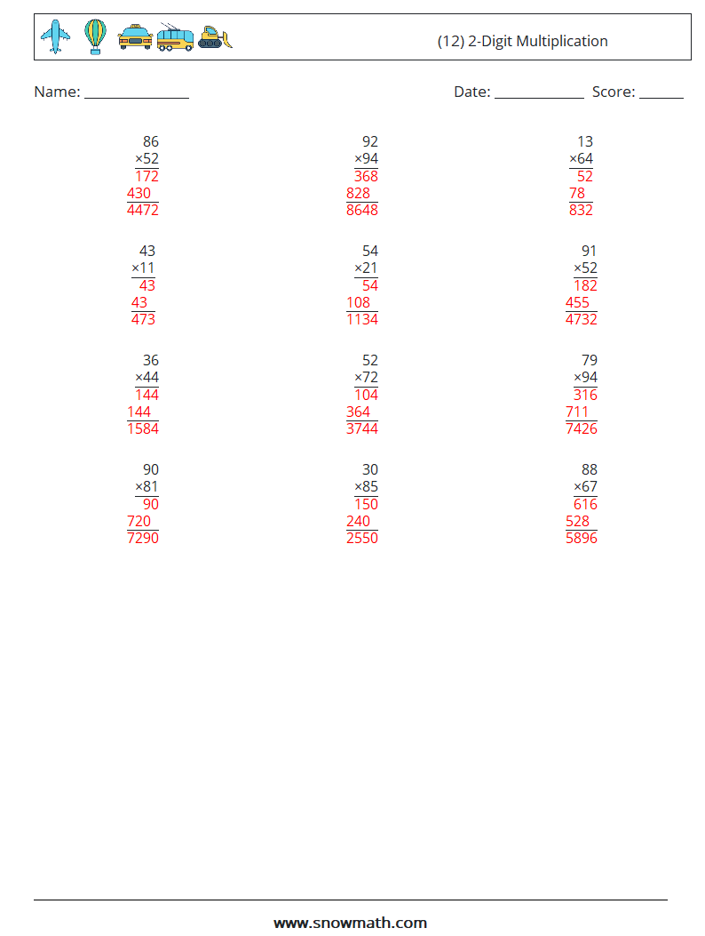 (12) 2-Digit Multiplication Math Worksheets 3 Question, Answer