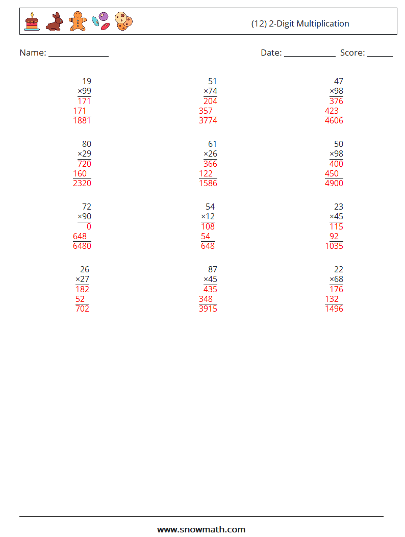 (12) 2-Digit Multiplication Math Worksheets 5 Question, Answer