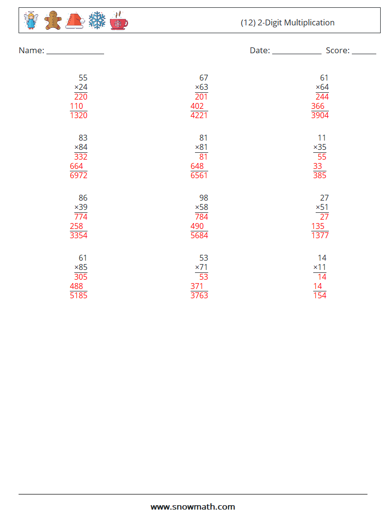 (12) 2-Digit Multiplication Math Worksheets 6 Question, Answer