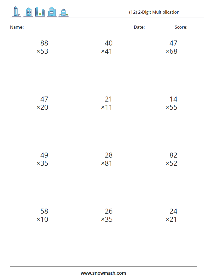 (12) 2-Digit Multiplication Math Worksheets 7