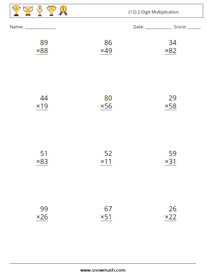 (12) 2-Digit Multiplication Math Worksheets 9