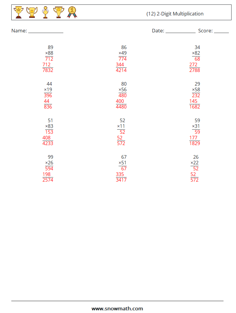 (12) 2-Digit Multiplication Math Worksheets 9 Question, Answer