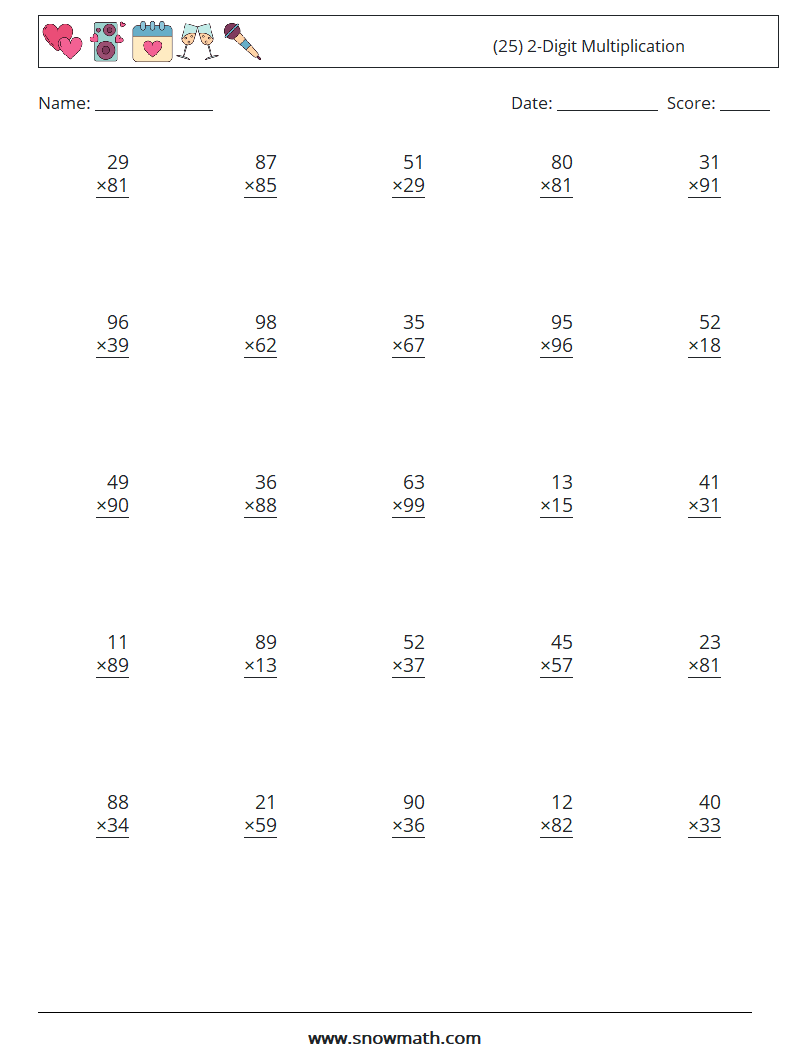 (25) 2-Digit Multiplication Math Worksheets 13