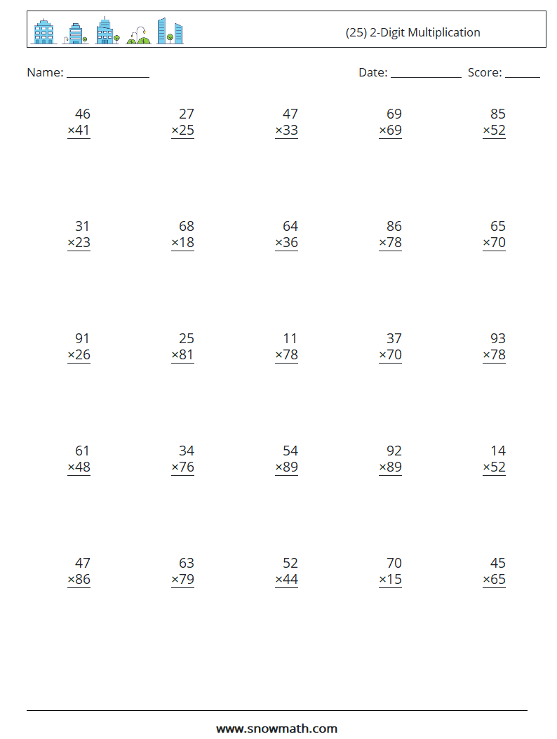 (25) 2-Digit Multiplication Math Worksheets 14
