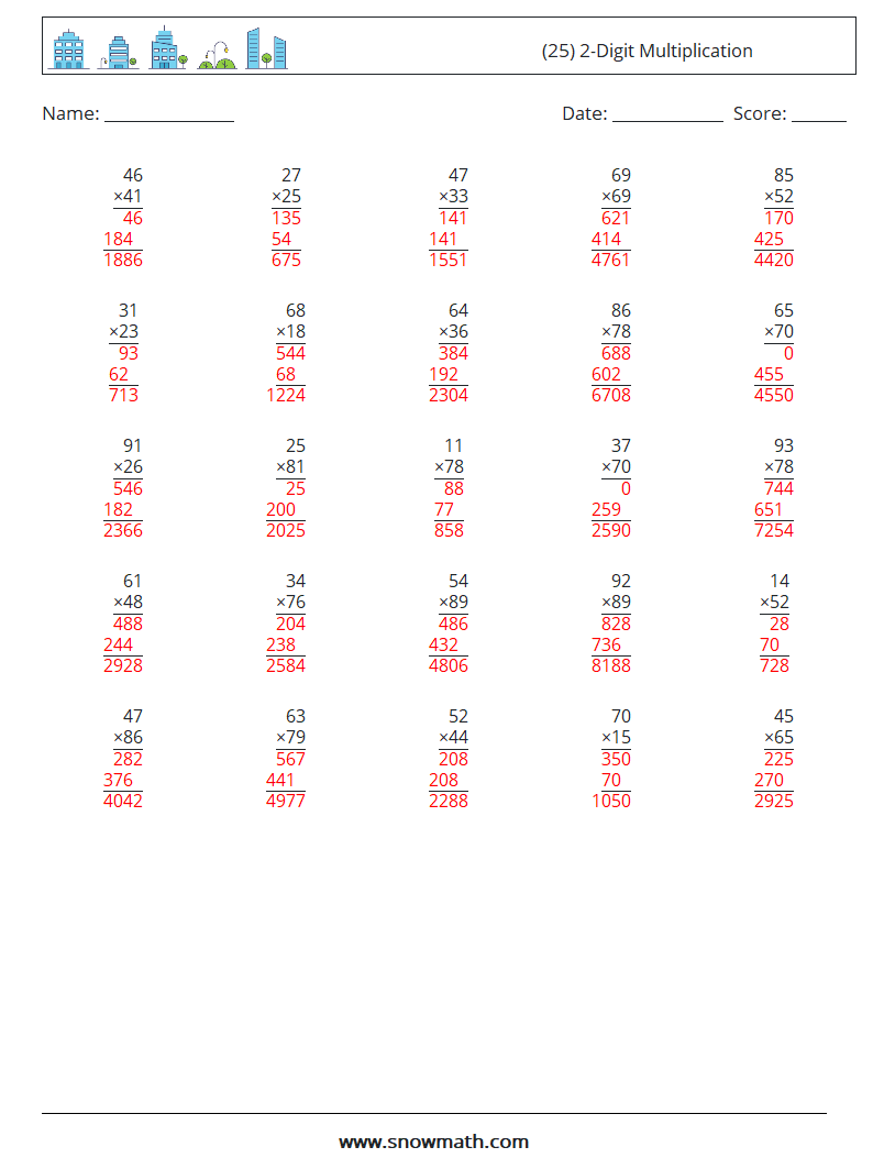 (25) 2-Digit Multiplication Math Worksheets 14 Question, Answer