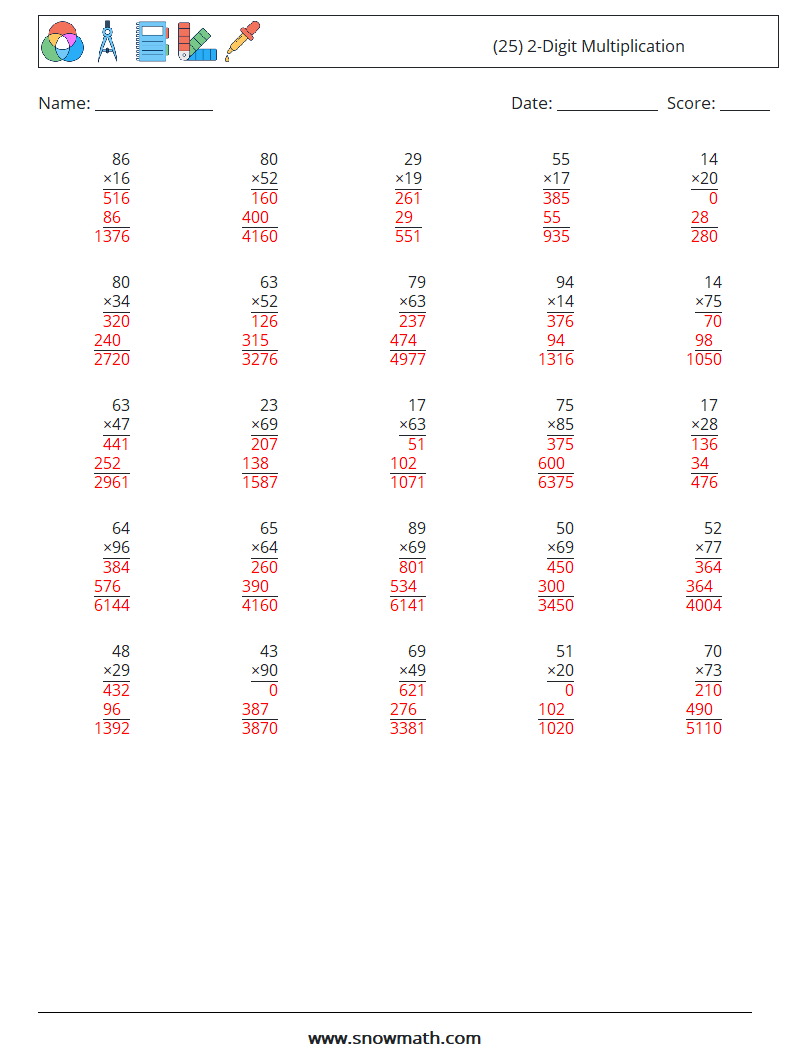 (25) 2-Digit Multiplication Math Worksheets 17 Question, Answer