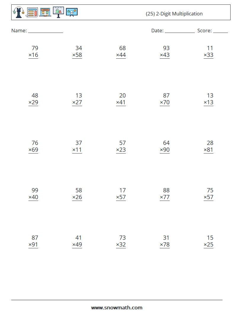 (25) 2-Digit Multiplication Math Worksheets 18