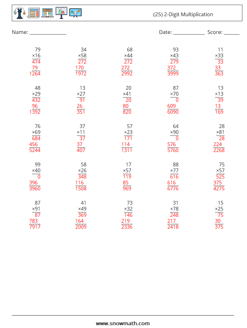 (25) 2-Digit Multiplication Math Worksheets 18 Question, Answer