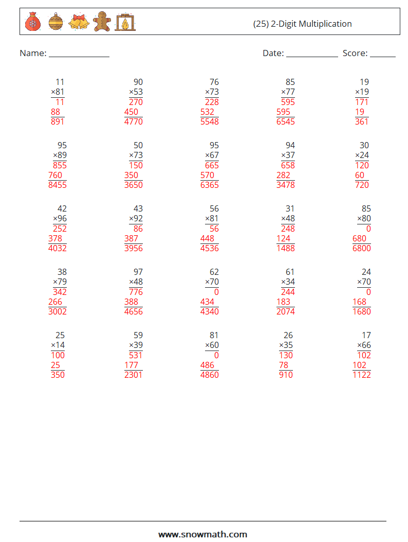 (25) 2-Digit Multiplication Math Worksheets 1 Question, Answer