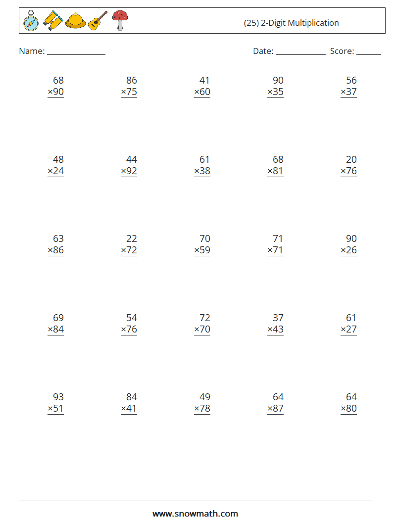 (25) 2-Digit Multiplication Math Worksheets 2