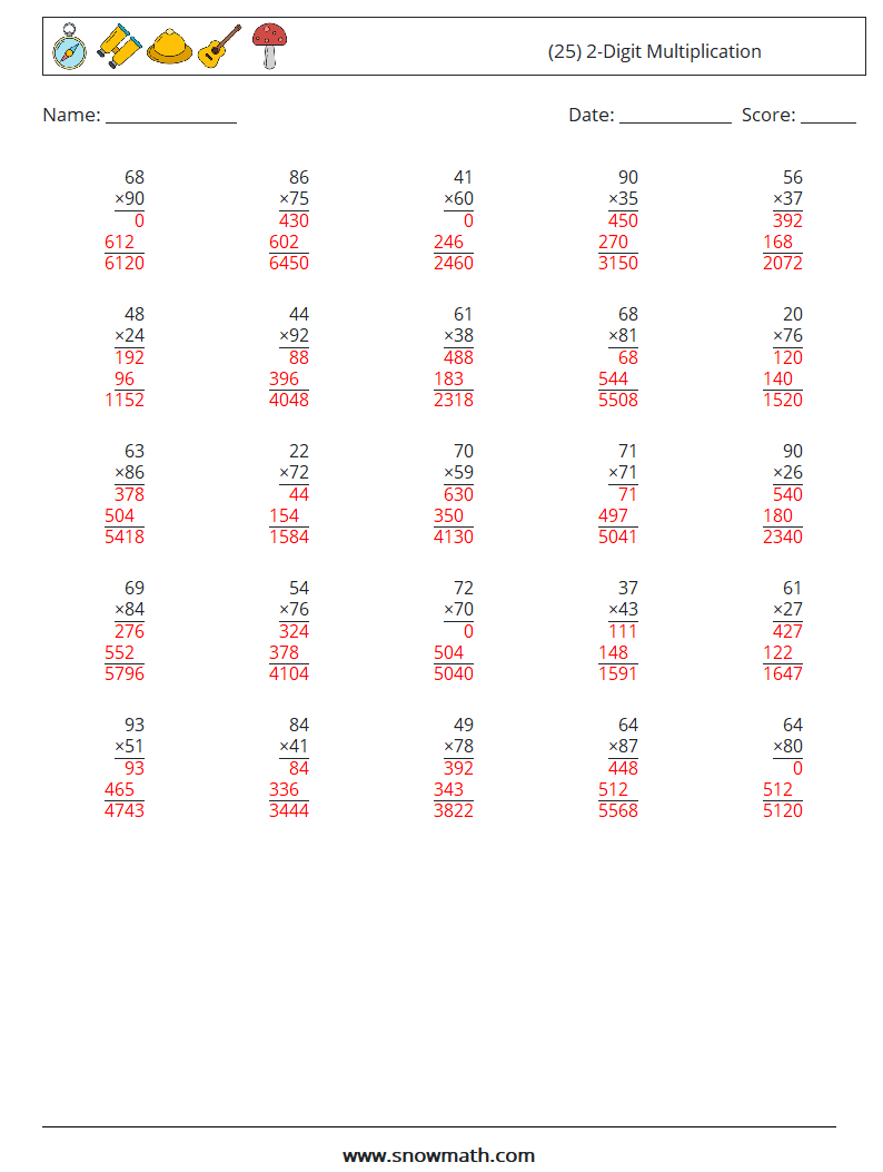 (25) 2-Digit Multiplication Math Worksheets 2 Question, Answer