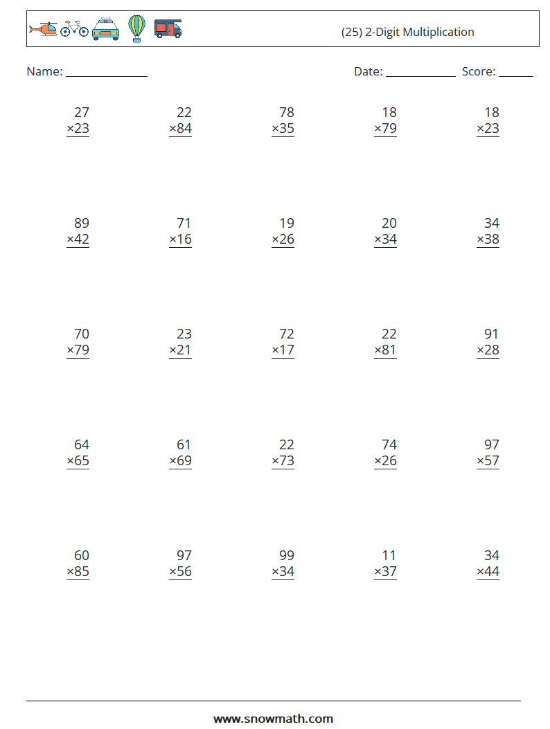 (25) 2-Digit Multiplication Math Worksheets 3